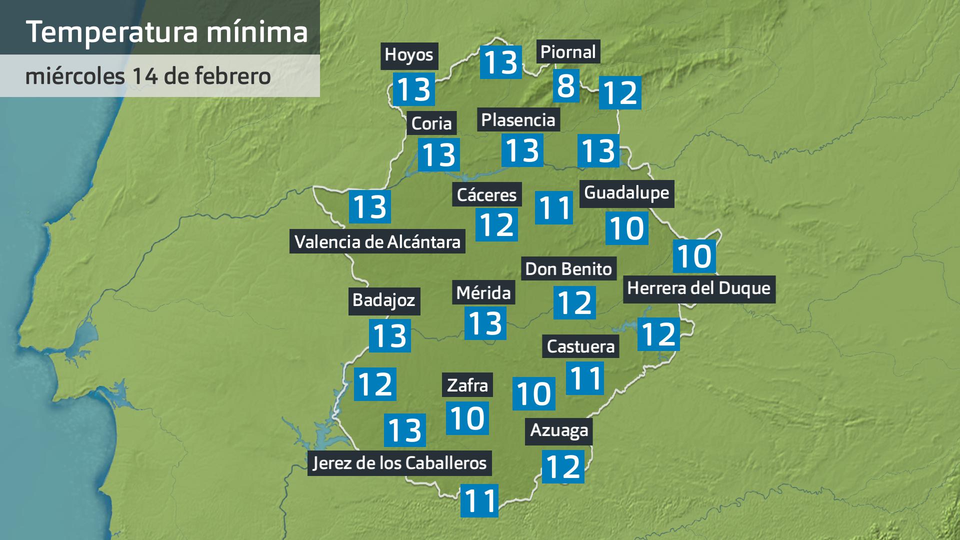 Temperatura mínima miércoles 14 de febrero. Datos hasa las 6:30 h. Aemet, Meteoclimatic et al.