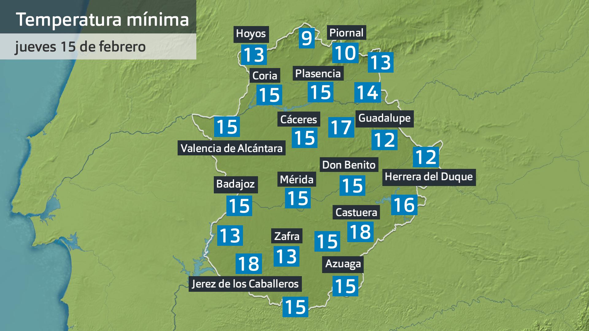 Temperatura mínima jueves 15 de febrero. Datos hasta las 6:30 h. Aemet, Meteoclimatic et al.