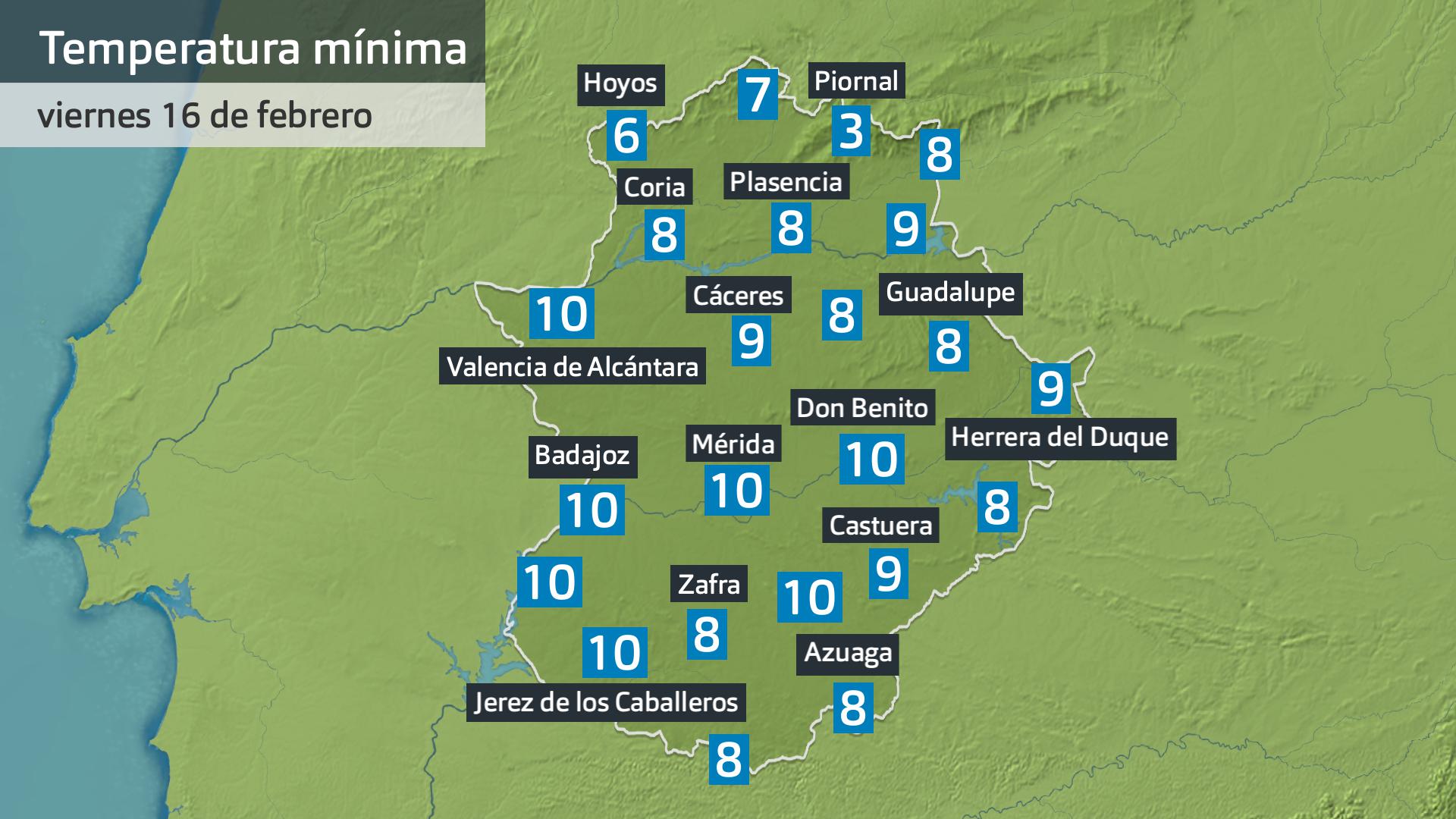 Temperatura mínima viernes 16 de febrero. Datos hasta las 6:30 h. Aemet, Meteoclimatic et al.