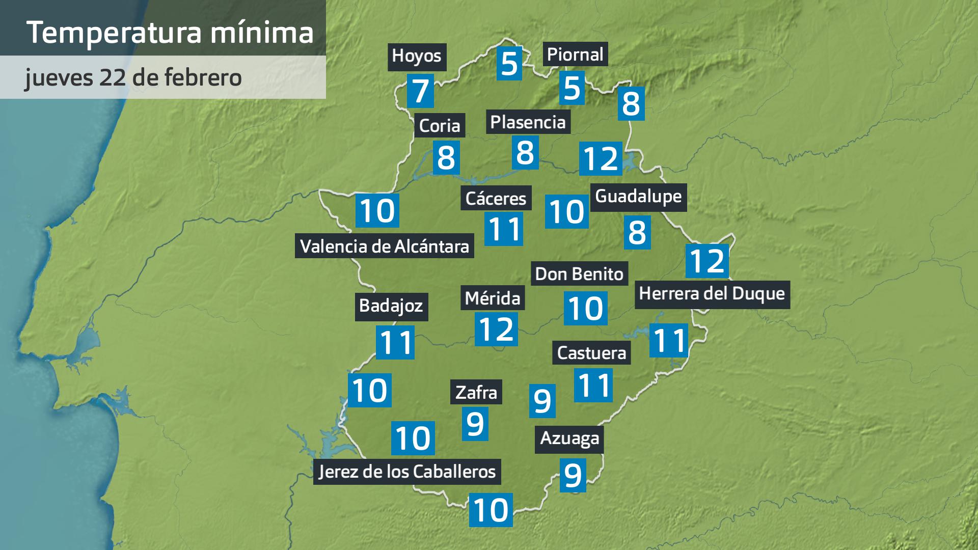 Temperatura mínima jueves 22 de febrero. Datos hasta las 6:30 h. Aeme, Meteoclimatic et al.