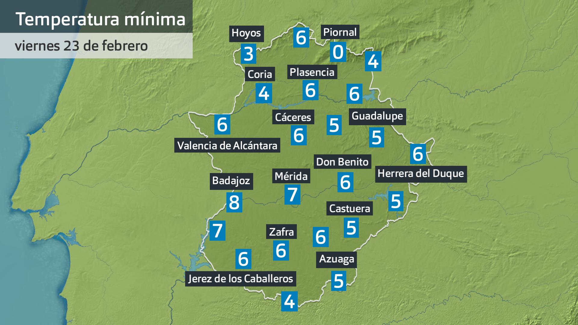 Temperatura mínima viernes 23 de febrero. Datos hastas las 6:30 h. Aemet, Meteoclimatic et al.