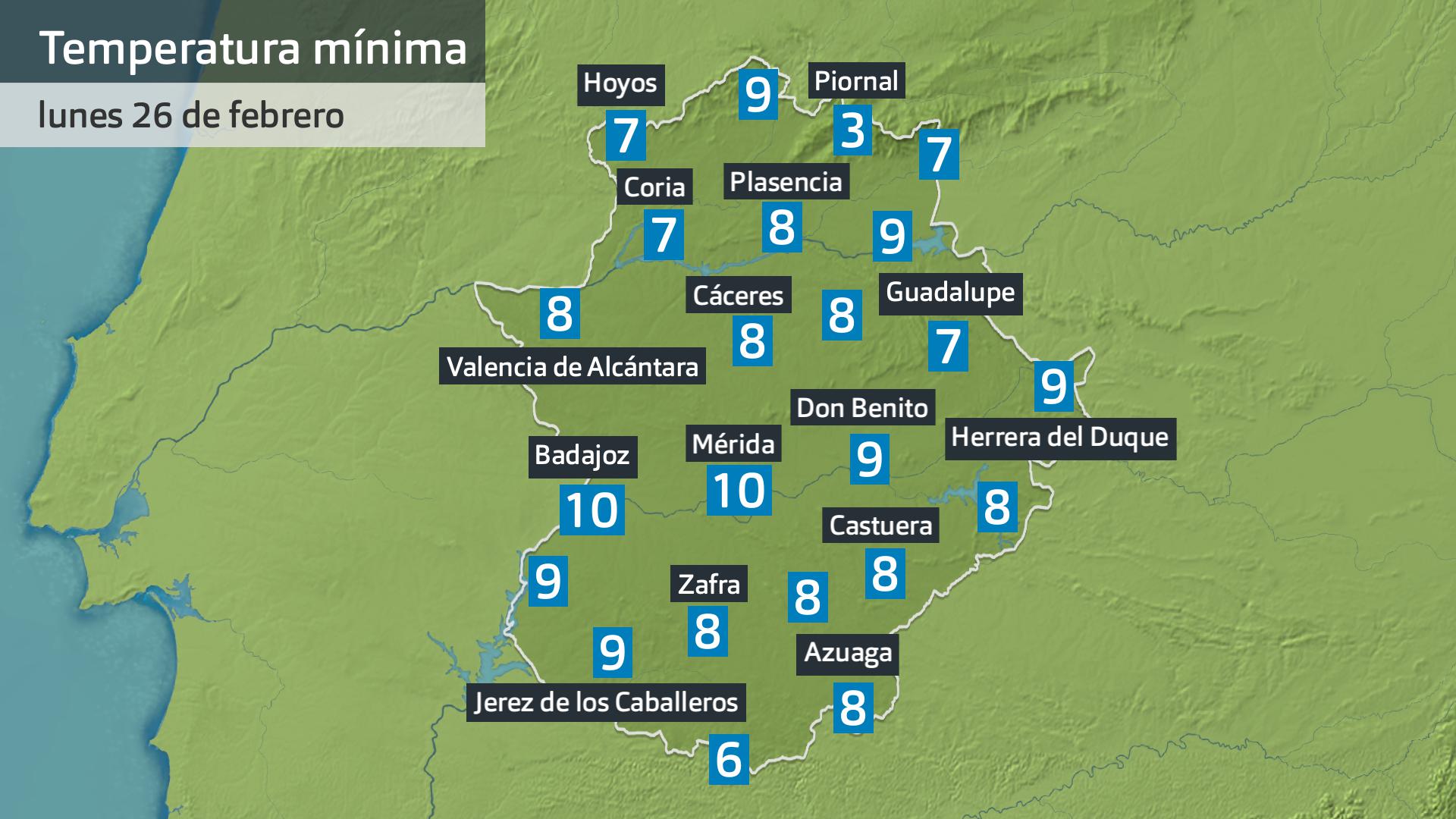 Temperatura mínima lunes 26 de febrero. Datos hasta las 6:30 h. Aemet, Meteoclimatic et al.