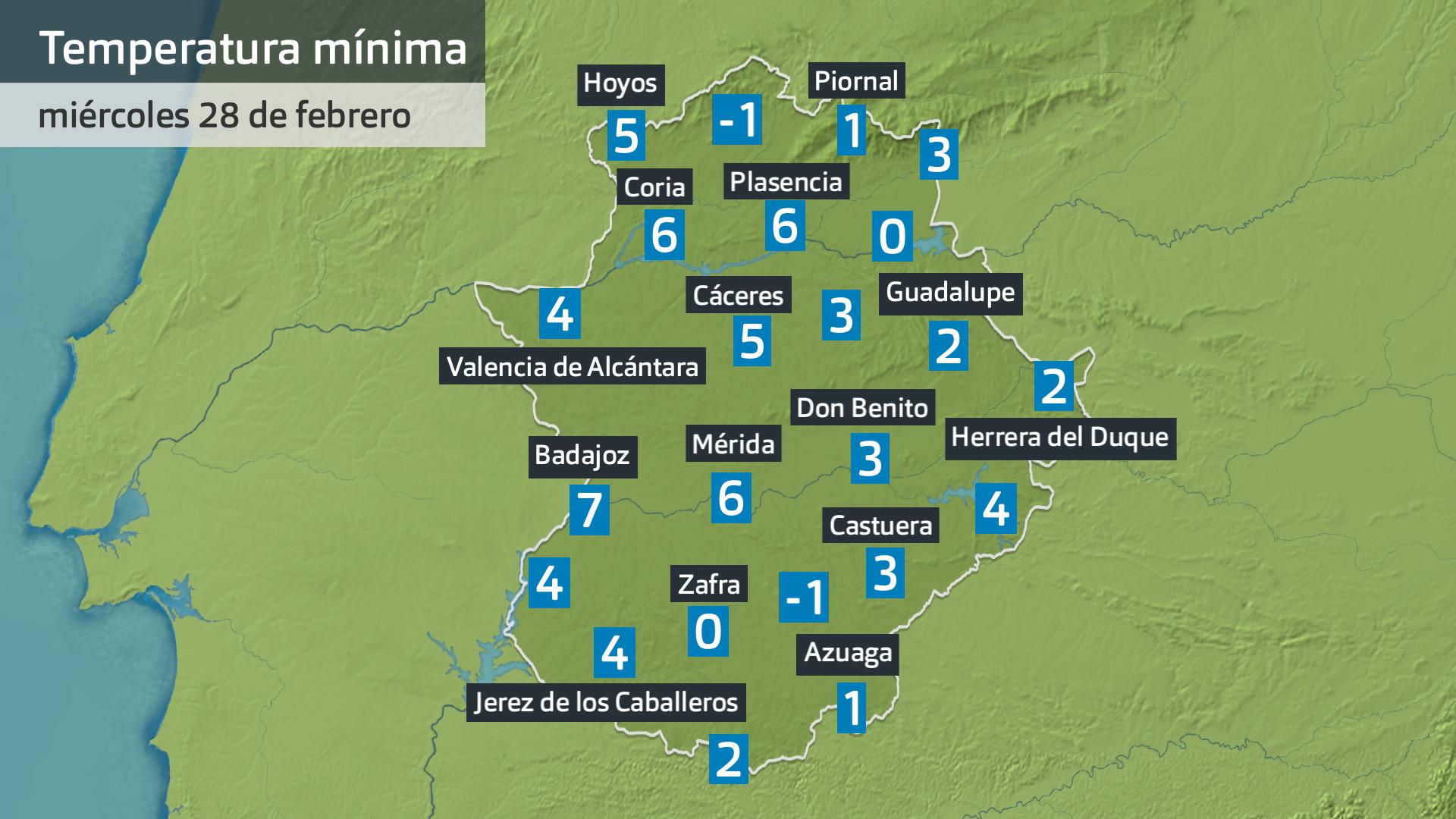 Temperatura mínima miércoles 28 de febrero. Datos hasta las 6:30 h. Aemet, Meteoclimatic et al.