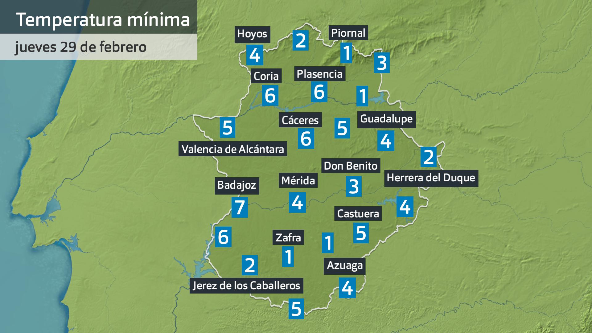 Temperatura mínima jueves 29 de febrero. Datos hasta las 6:30 h. Aemet, Meteoclimatic et al.