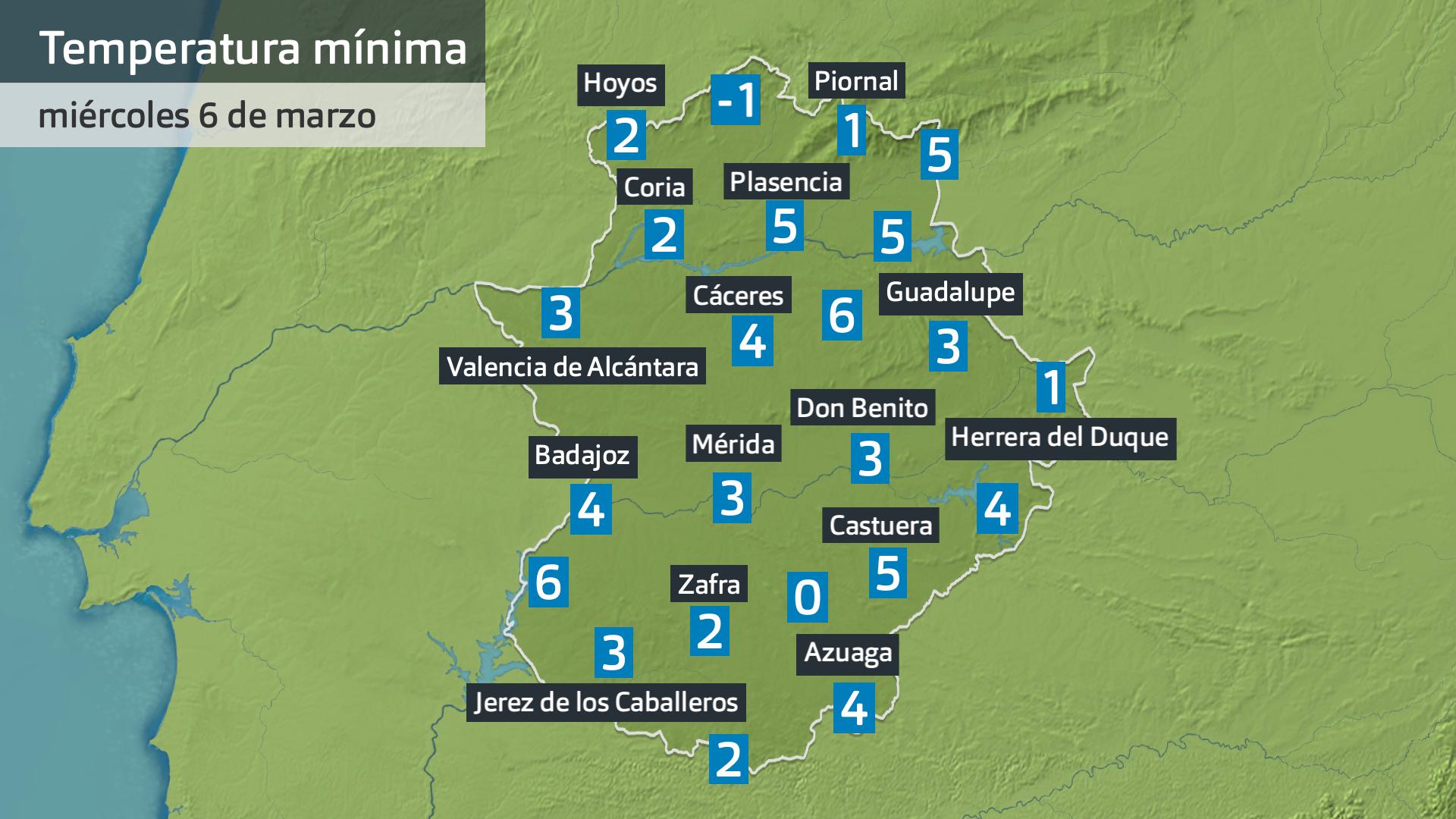 Temperatura mínima miércoles 6 de marzo. Datos hasta las 6:30 h. Aemet, Meteoclimatic et al.