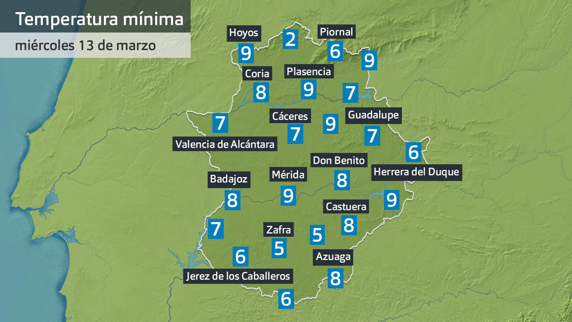 Temperatura mínima miércoles 13 de marzo. Datos hasta las  7:45 h. Aemet, Meteoclimatic et al.