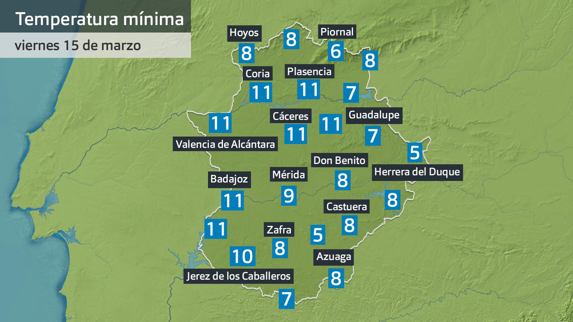 Temperatura mínima viernes 15 de marzo. Datos hasta las 7:45 h. Aemet, Meteoclimatic et al.