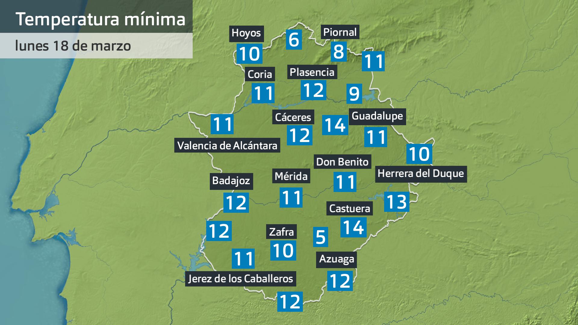 Temperatura mínima lunes 18 de marzo. Datos hasta las 7:45 h. Aemet, Meteoclimatic et al.