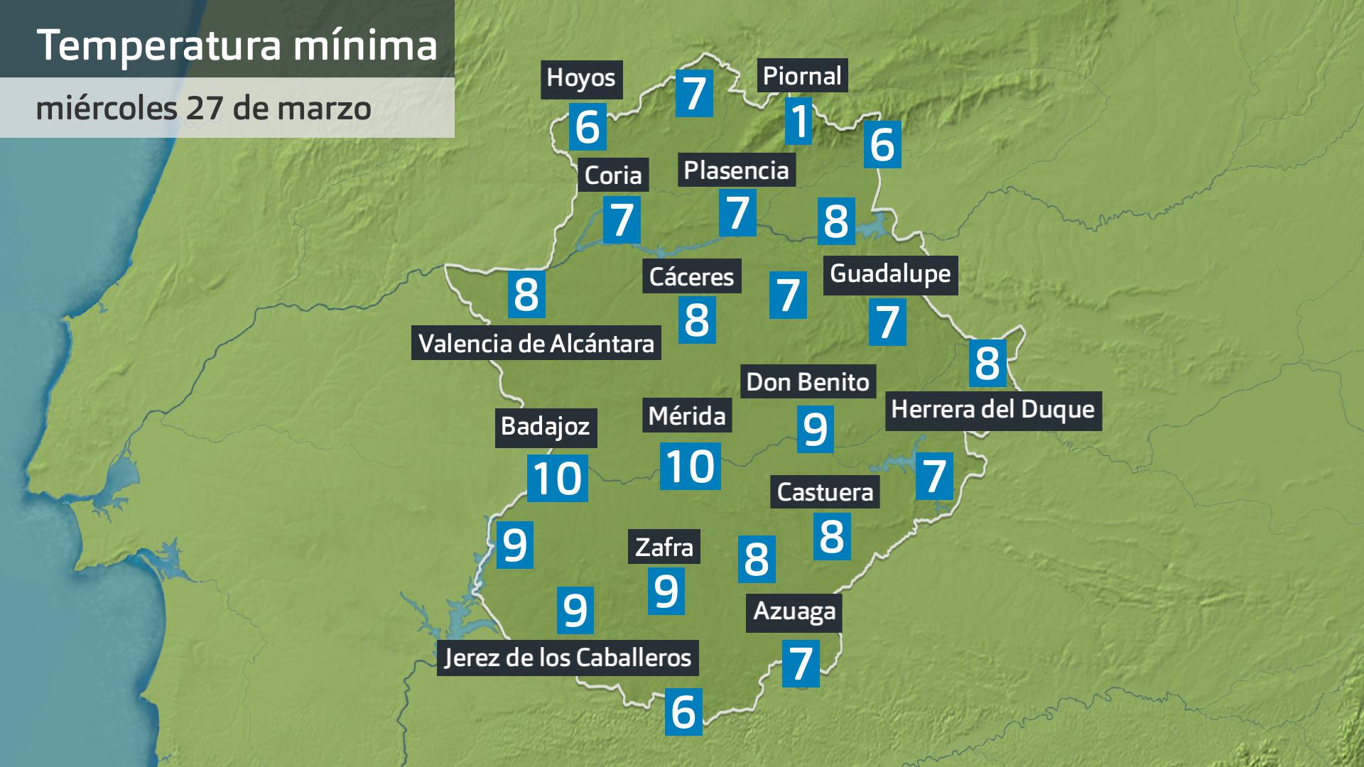 Temperatura mínima miércoles 27 de marzo. Datos hasta las 7:45 h. Aemet, Meteoclimatic et al.