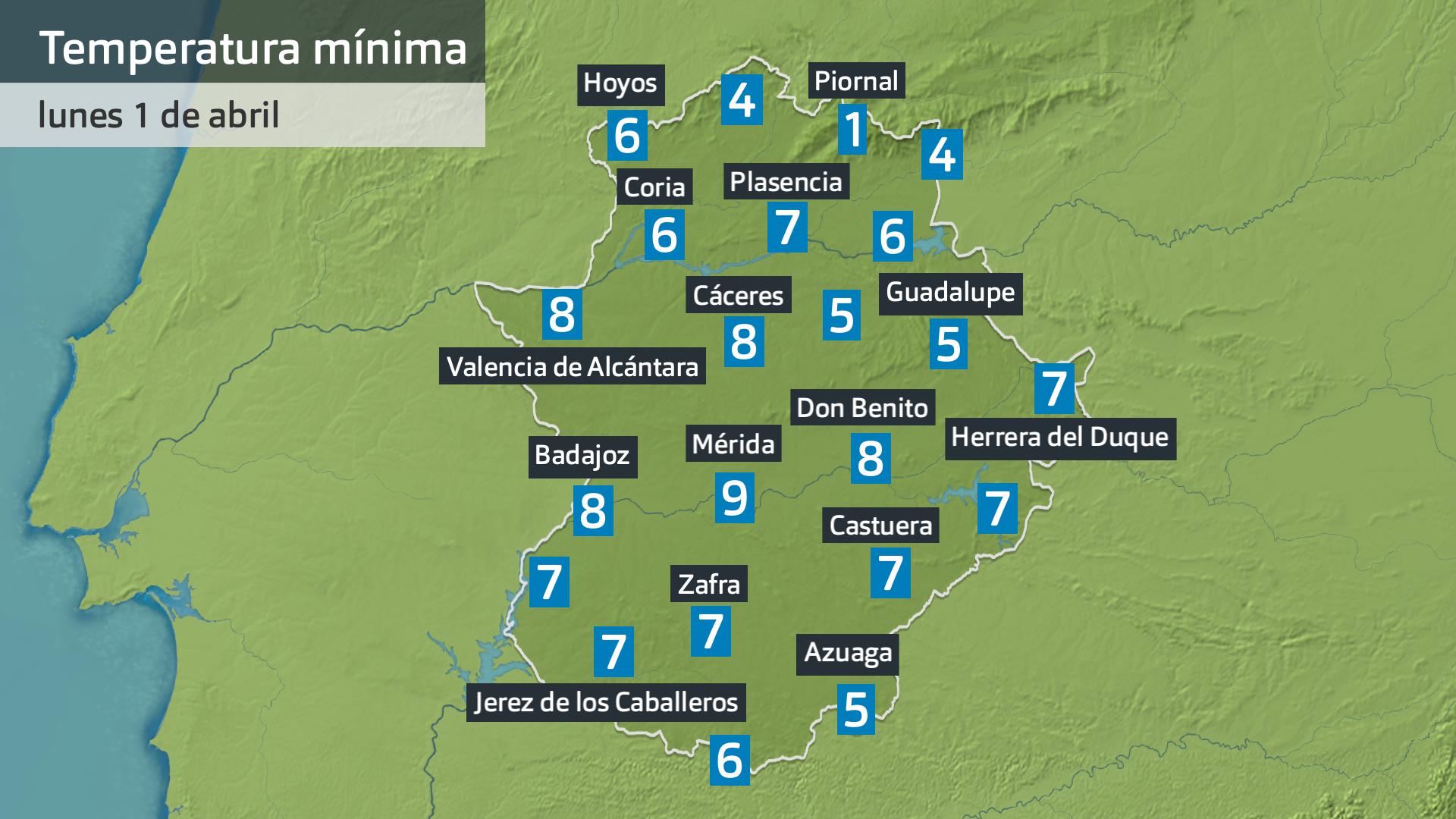 Temperatura mínima lunes 1 de abril. Datos hasta las 7:45 h. Aemet, Meteoclimatic et al.