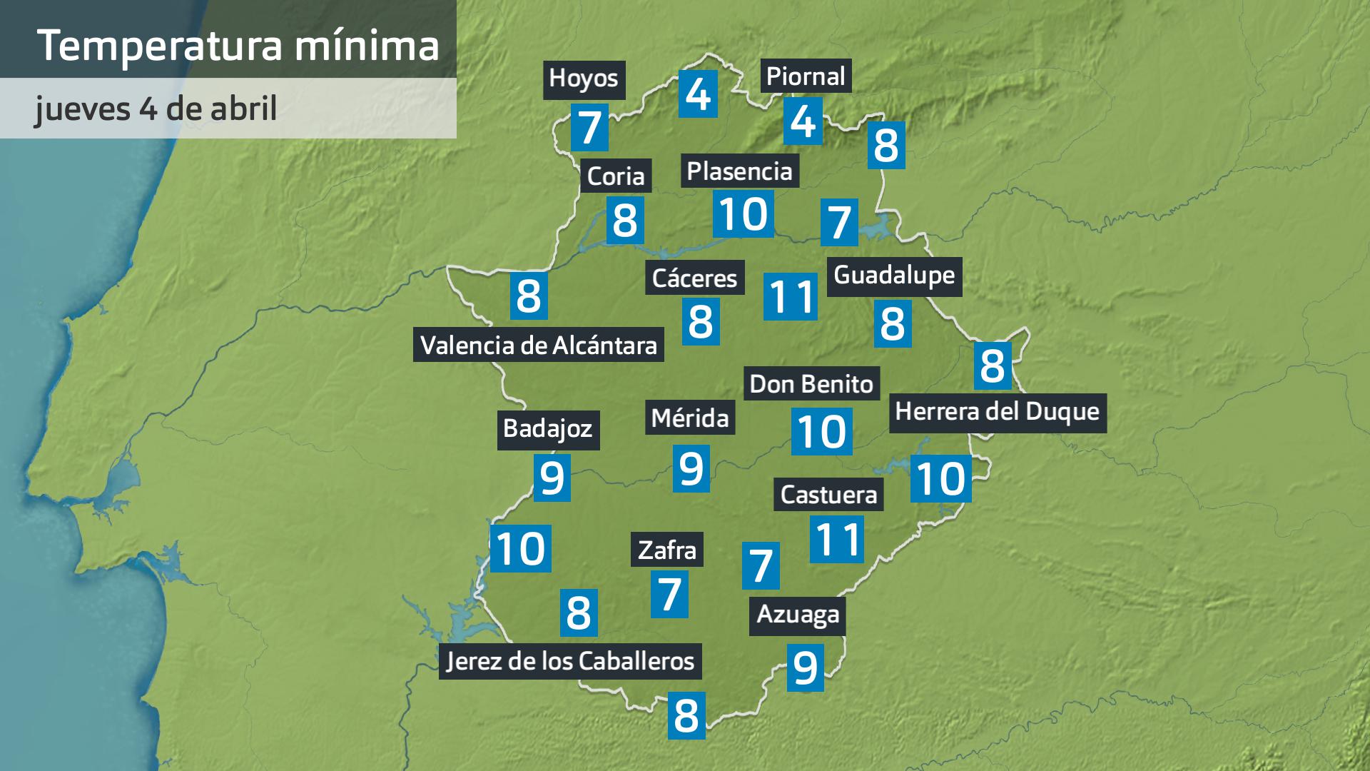 Temperatura mínima jueves 4 de abril. Datos hasta las 7:30 h. Aemet, Meteoclimatic et al.