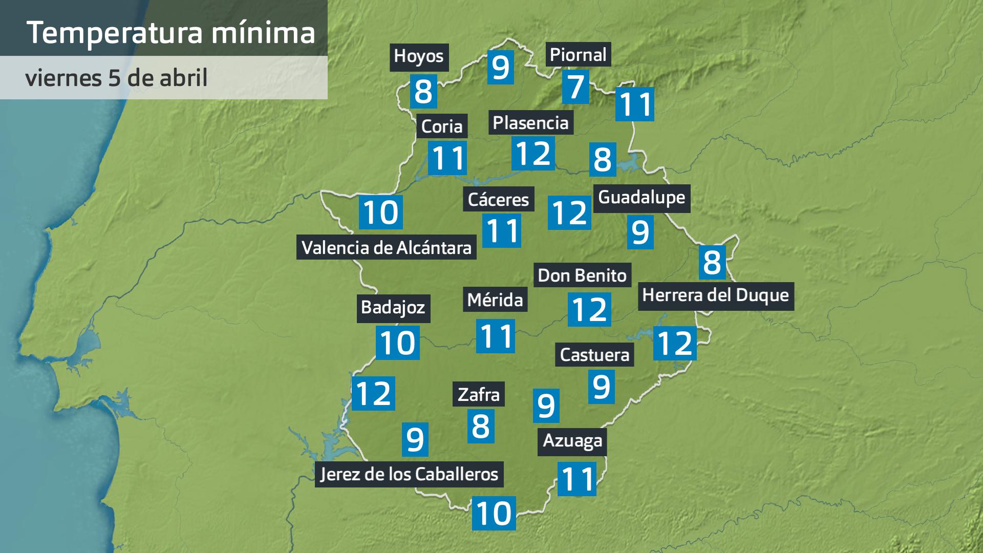 Temperatura mínima viernes 5 de abril. Datos hasta las 7:30 h. Aemet, Meteocliimatic et al.