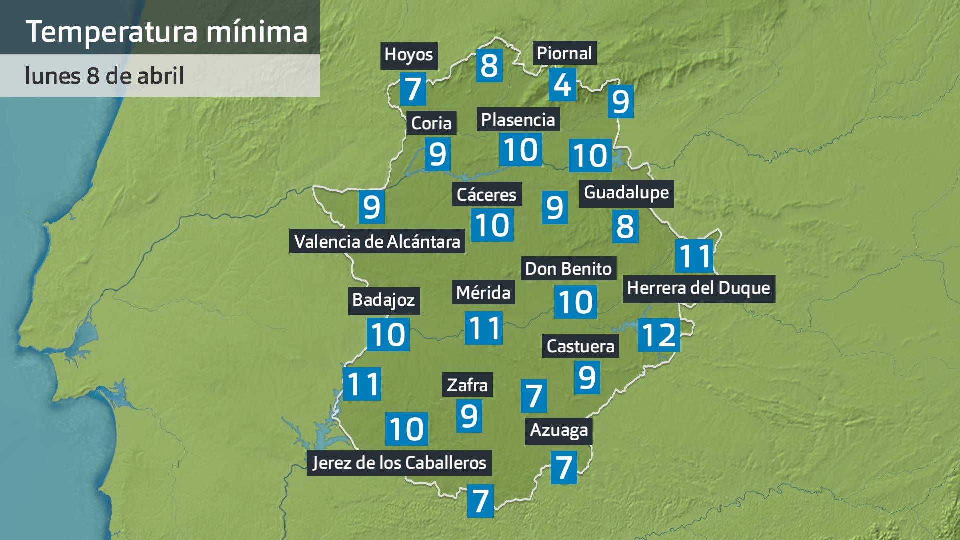 Temperatura mínima lunes 8 de abril. Datos hasta las 7:45 h. Aemet, Meteoclimatic et al.