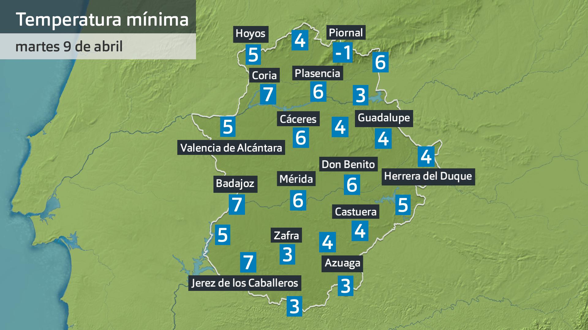 Temperatura mínima martes 9 de abril. Datos hasta las 7:30 h. Aemet, Meteoclimatic et al.