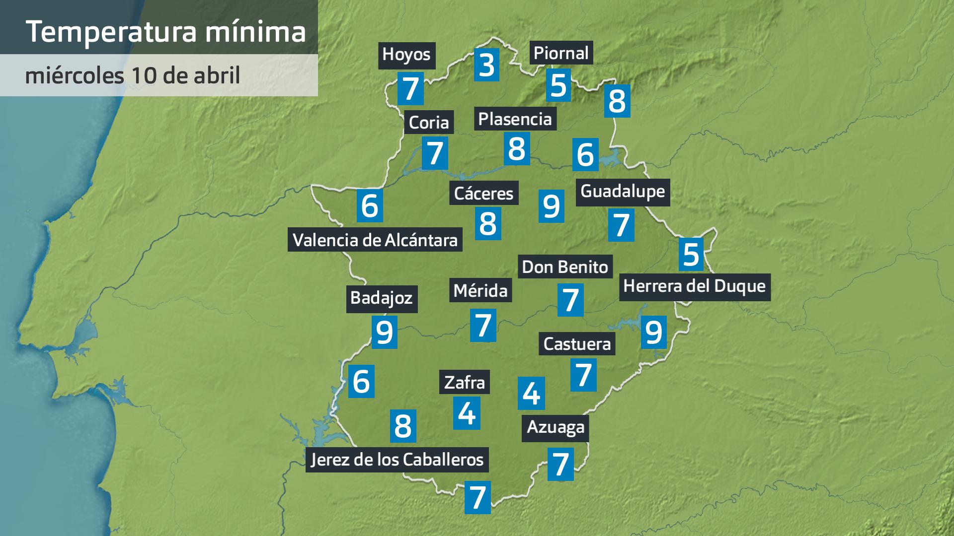 Temperatura mínima miércoles 10 de abril. Datos hasta las 7:30 h. Aemet, Meteoclimatic et al.