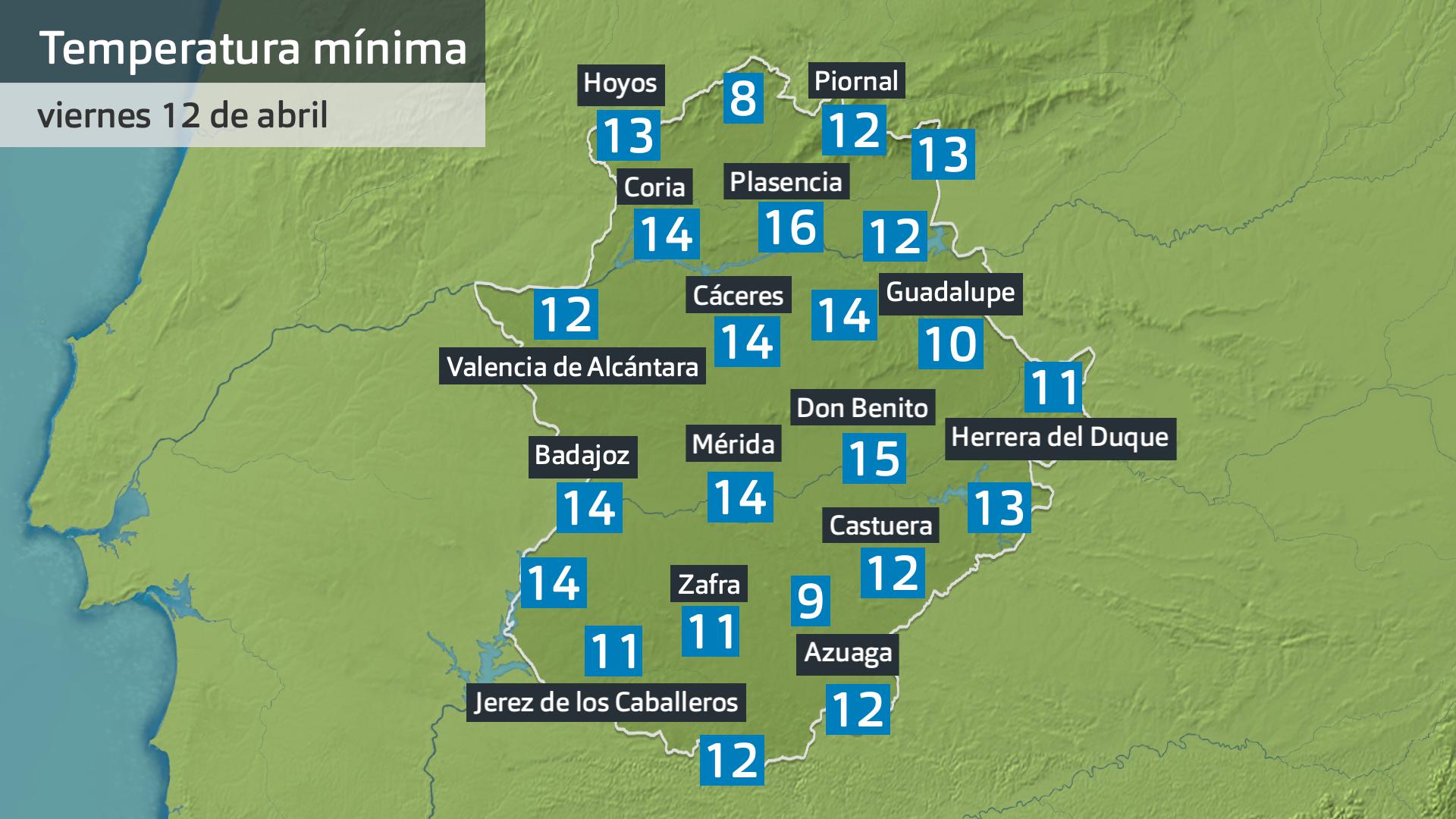 Temperatura mínima viernes 12 de abril. Datos hasta las 7:45 h. Aemet, Meteoclimatic et al.