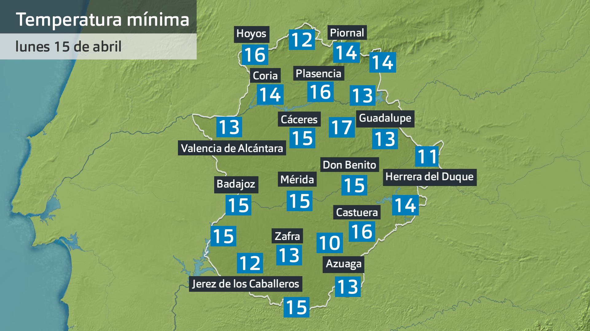 Temperatura mínima lunes 15 de abril. Datos hasta las 7:30 h. Aemet, Meteoclimatic et al.