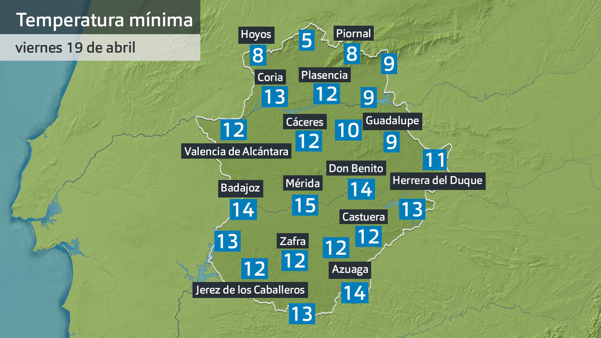 Temperatura mínima viernes 19 de abril. Datos hasta las 7:30 h. Aemet, Meteoclimatic et al.