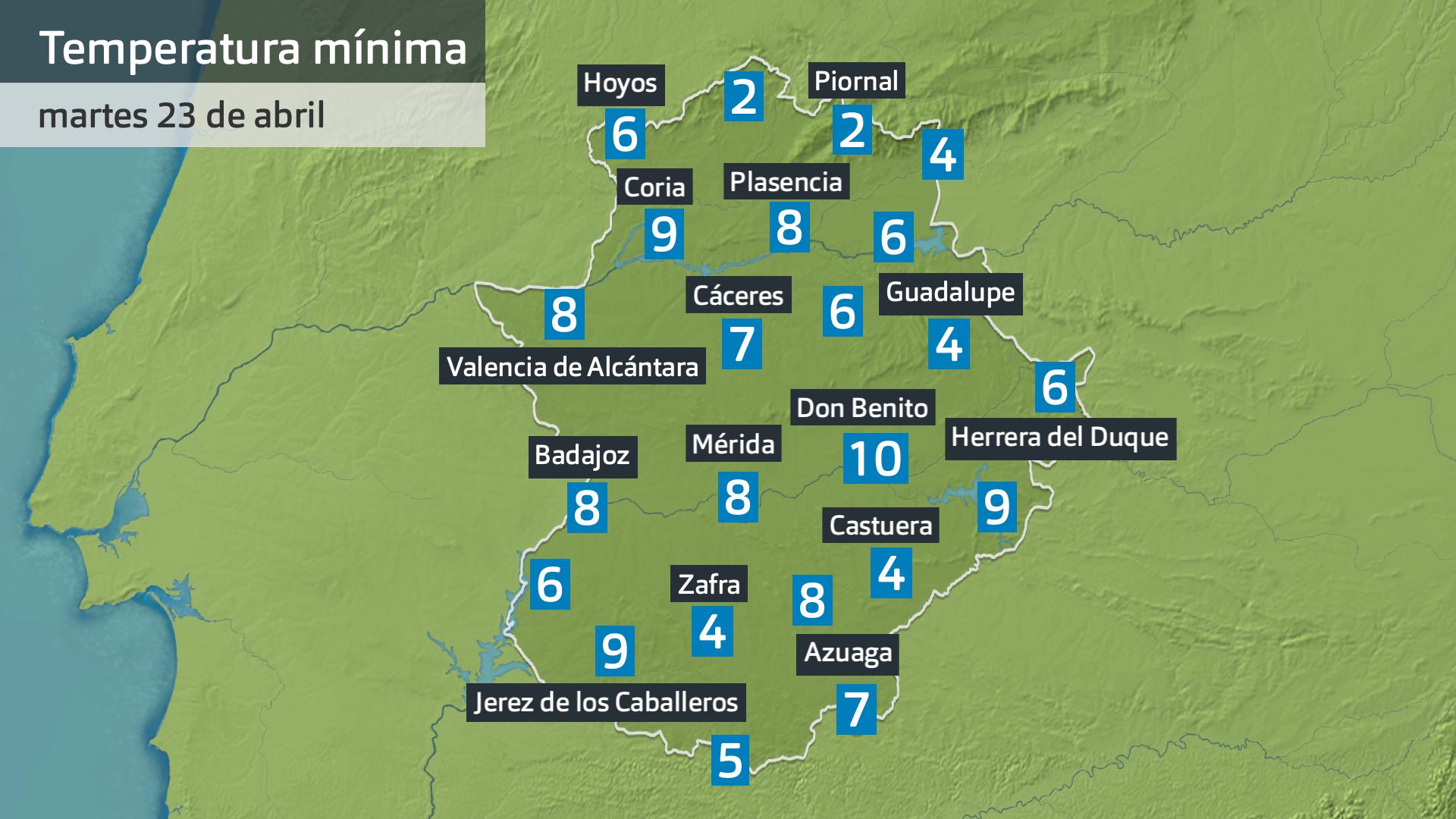 Temperatura mínima martes 23 de abril. Datos hasta las 7:30 h. Aemet, Meteoclimatic et al.