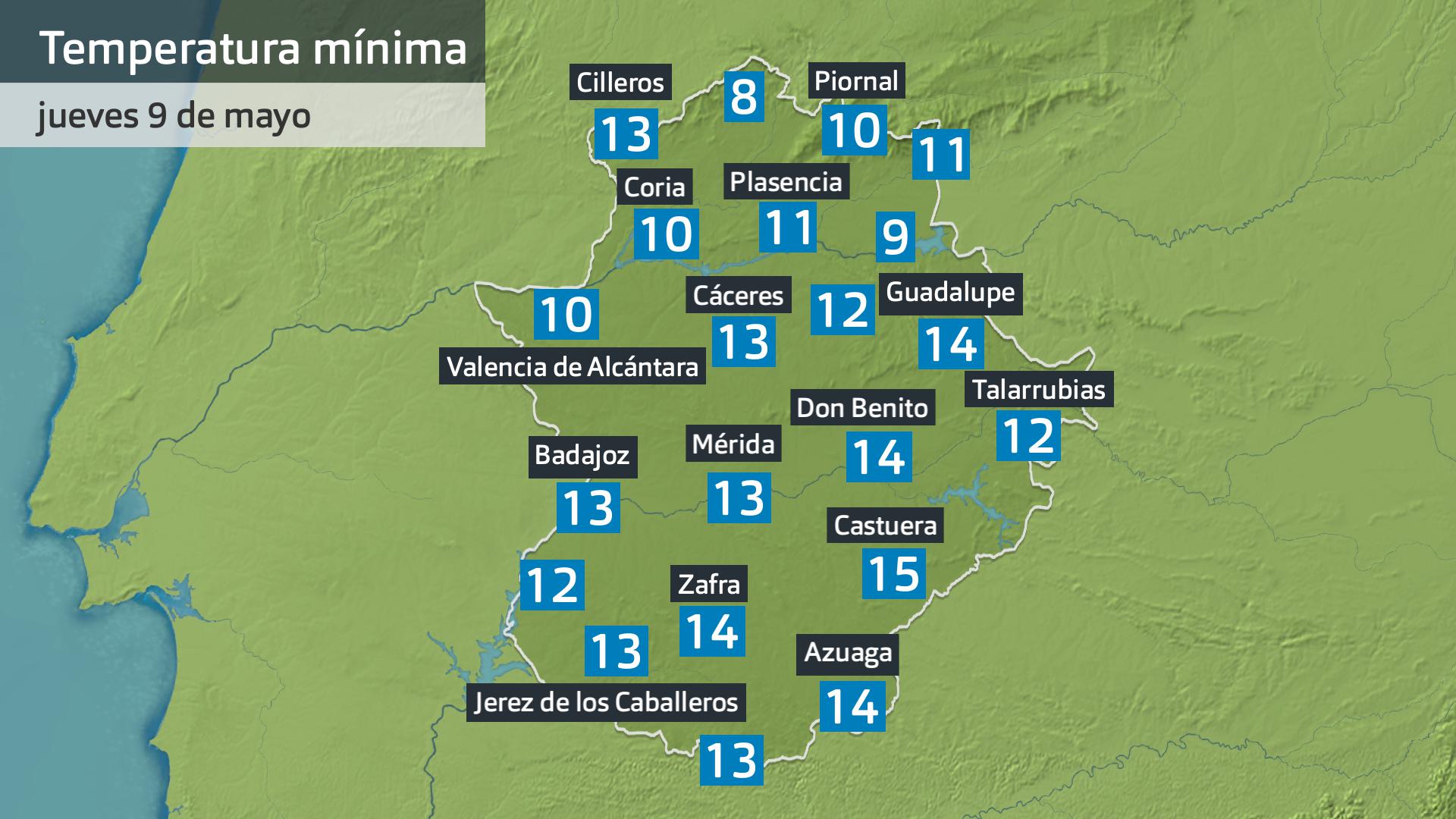 Temperatura mínima jueves 9 de mayo. Datos hasta las 7:45 h. Meteoclimatic et al.