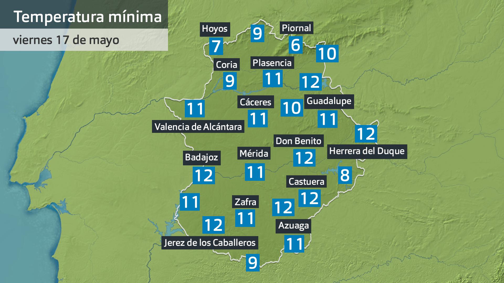 Temperaturas mínima viernes 17 de mayo. Datos hasta las 7:45 h. Aemet, Meteoclimatic et al.