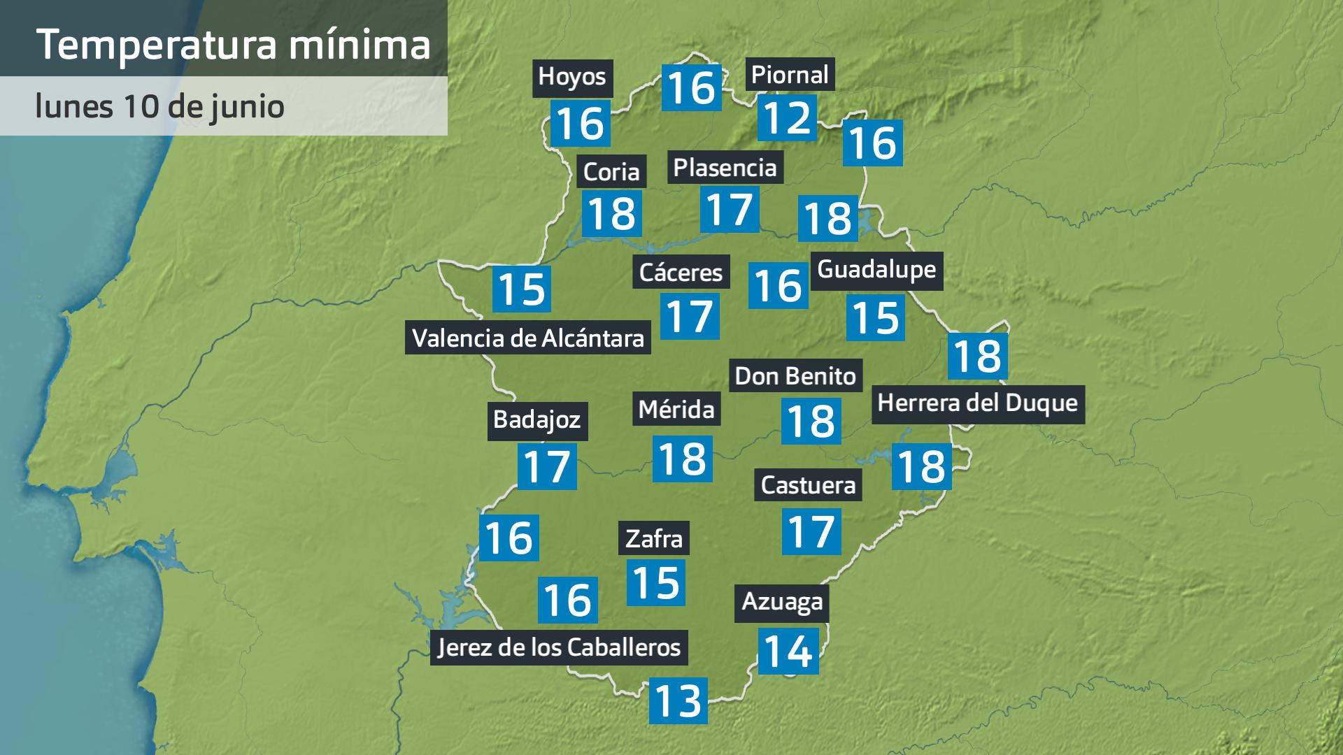 Temperatura mínima lunes 10 de junio. Datos hasta las 7:45 h. Aemet, Meteoclimatic et al.