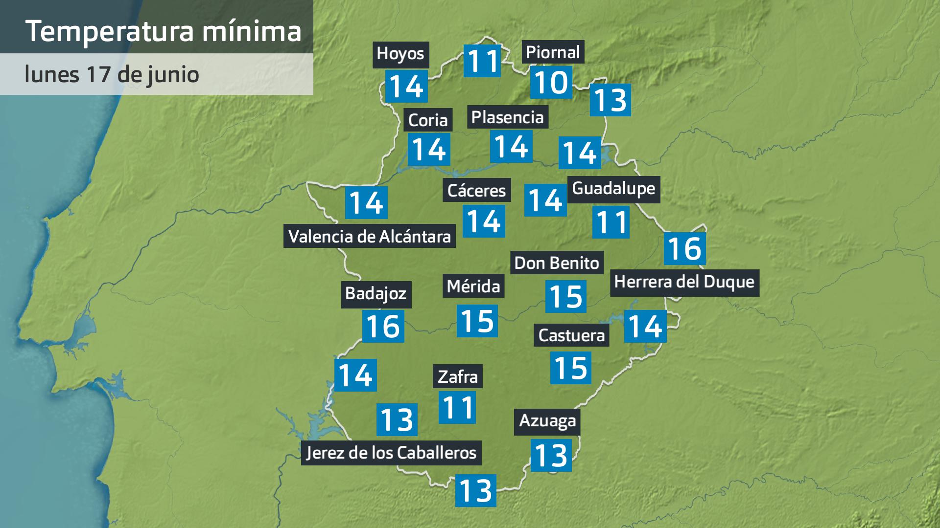Temperatura mínima lunes 17 de junio. Datos hasta las 6:45 h. Aemet, Meteoclimatic et al.