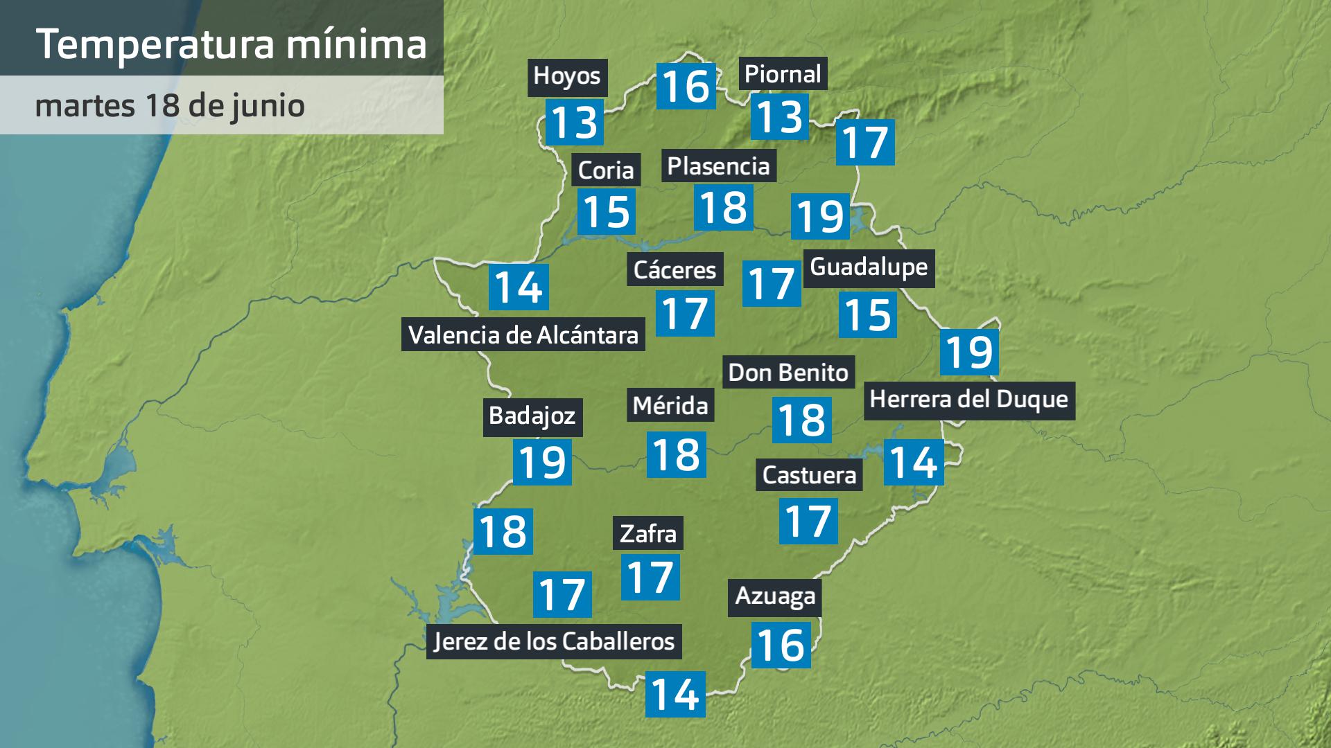 Temperatura mínima martes 18 de junio. Datos hasta las 7:30 h. Aemet, Meteoclimatic et al.