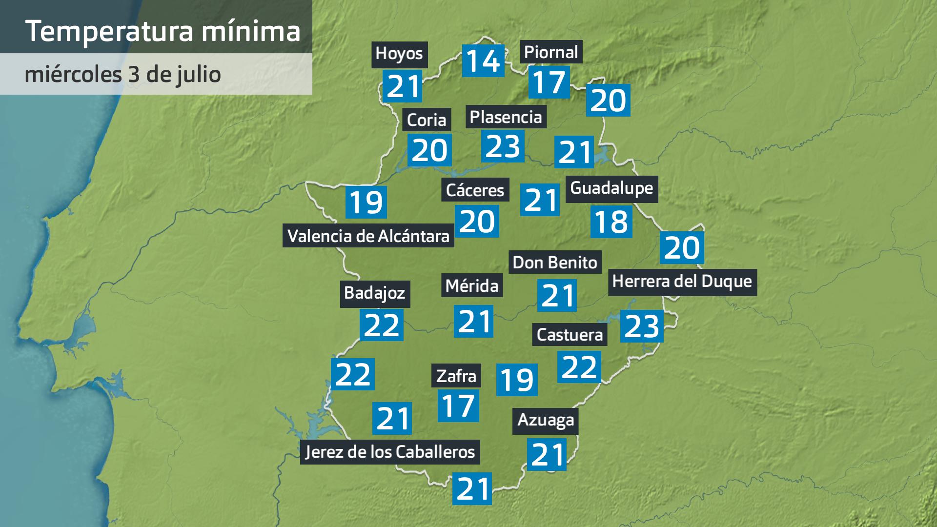 Temperatura mínima miércoles 3 de julio. Datos hasta las 6:45 h. Aemet, Meteoclimatic et al.