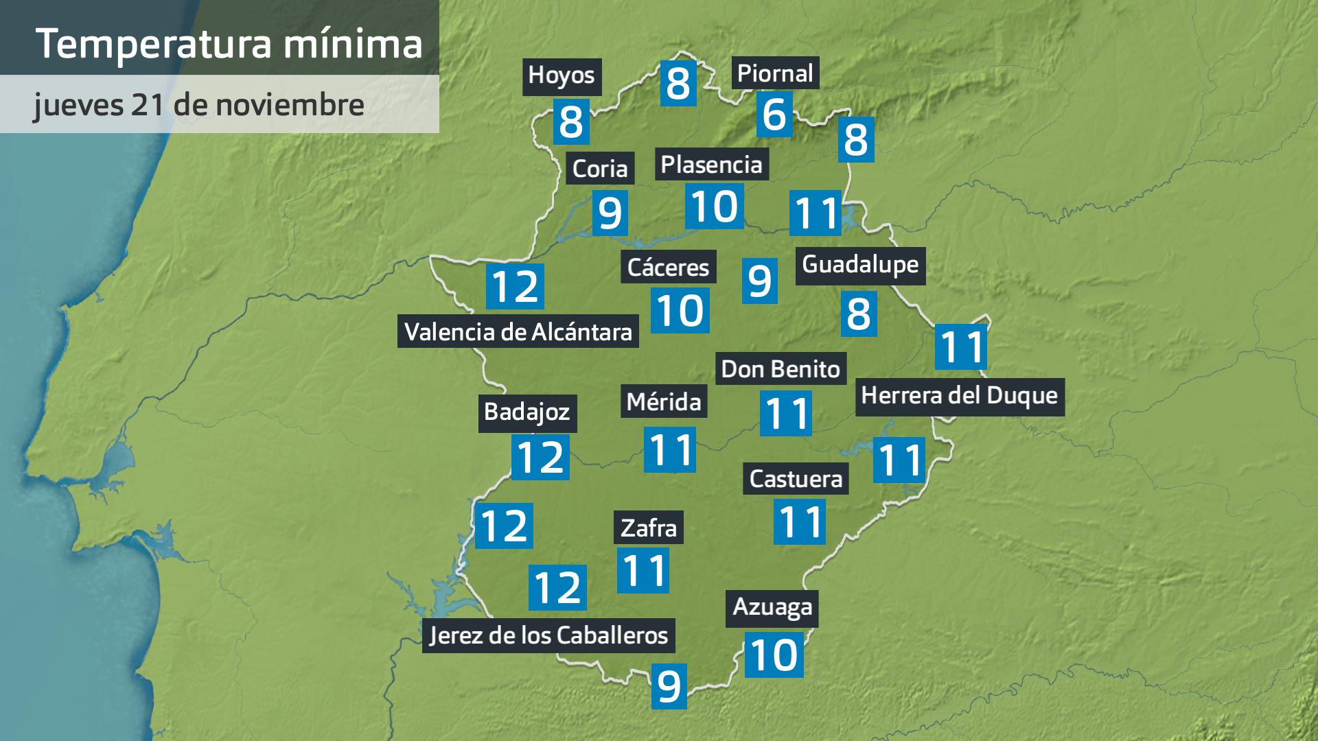 Temperatura mínima máximas jueves 21 de noviembre. Datos hasta las 6:45 h. Aemet, Meteoclimatic et al.