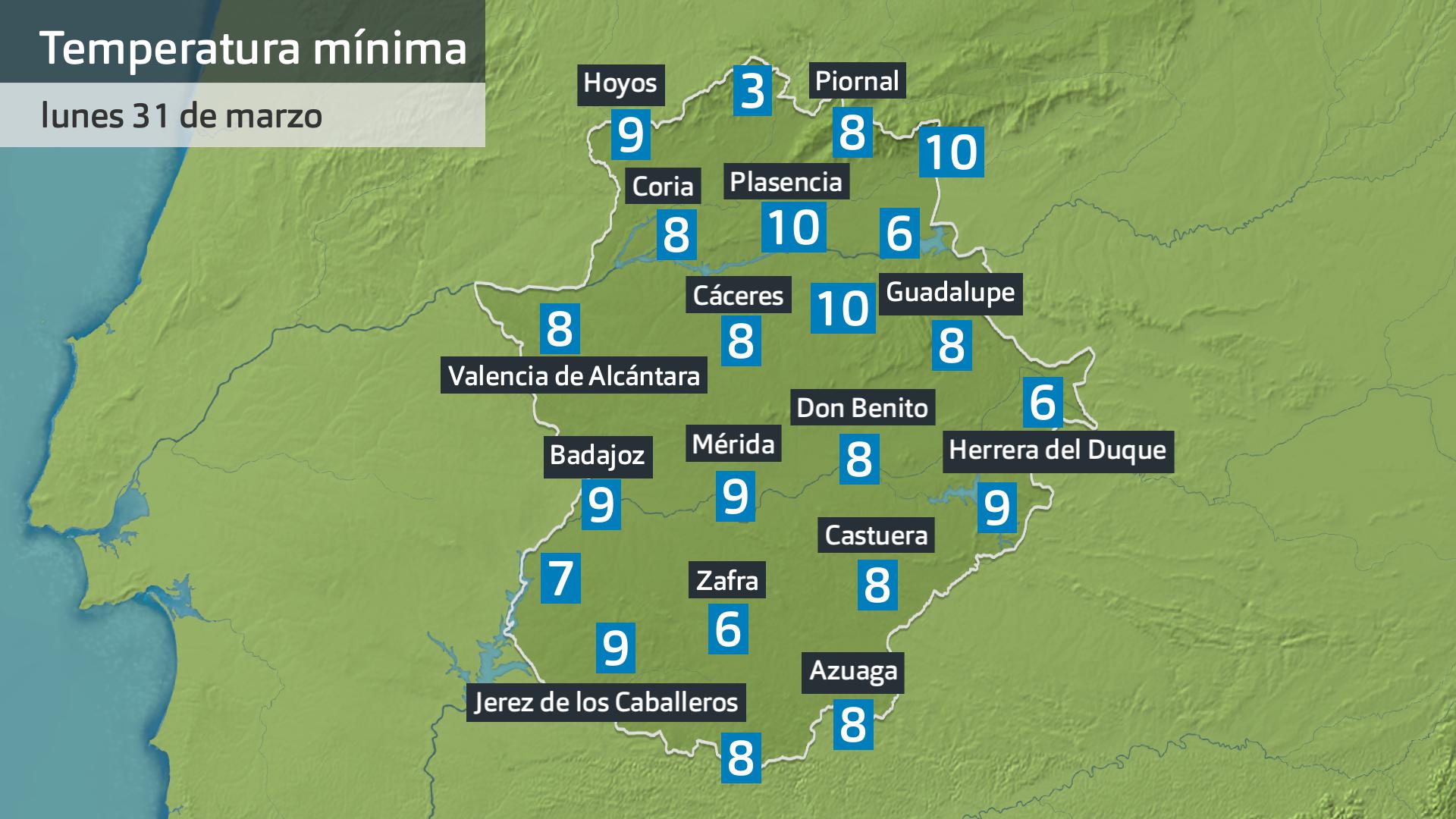 Temperatura mínima lunes 31 de marzo. Datos hasta las 6:30 h. Aemet, Meteoclimatic et al.