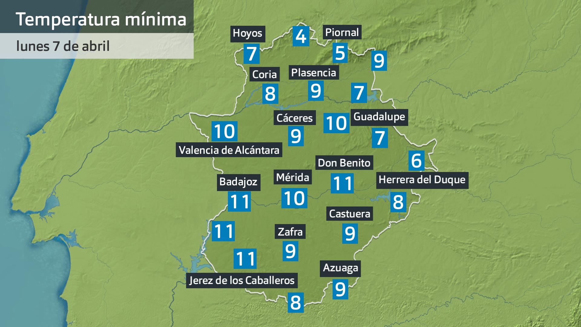 Temperatura mínima lunes 7 de abril. Datos hasta las 6:30 h. Aemet, Meteoclimatic et al.