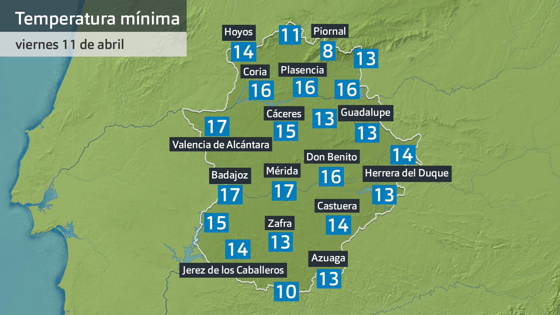 Temperatura mínima viernes 11 de abril. Datos hasta las 6:30 h. Aemet, Meteoclimatic et al.