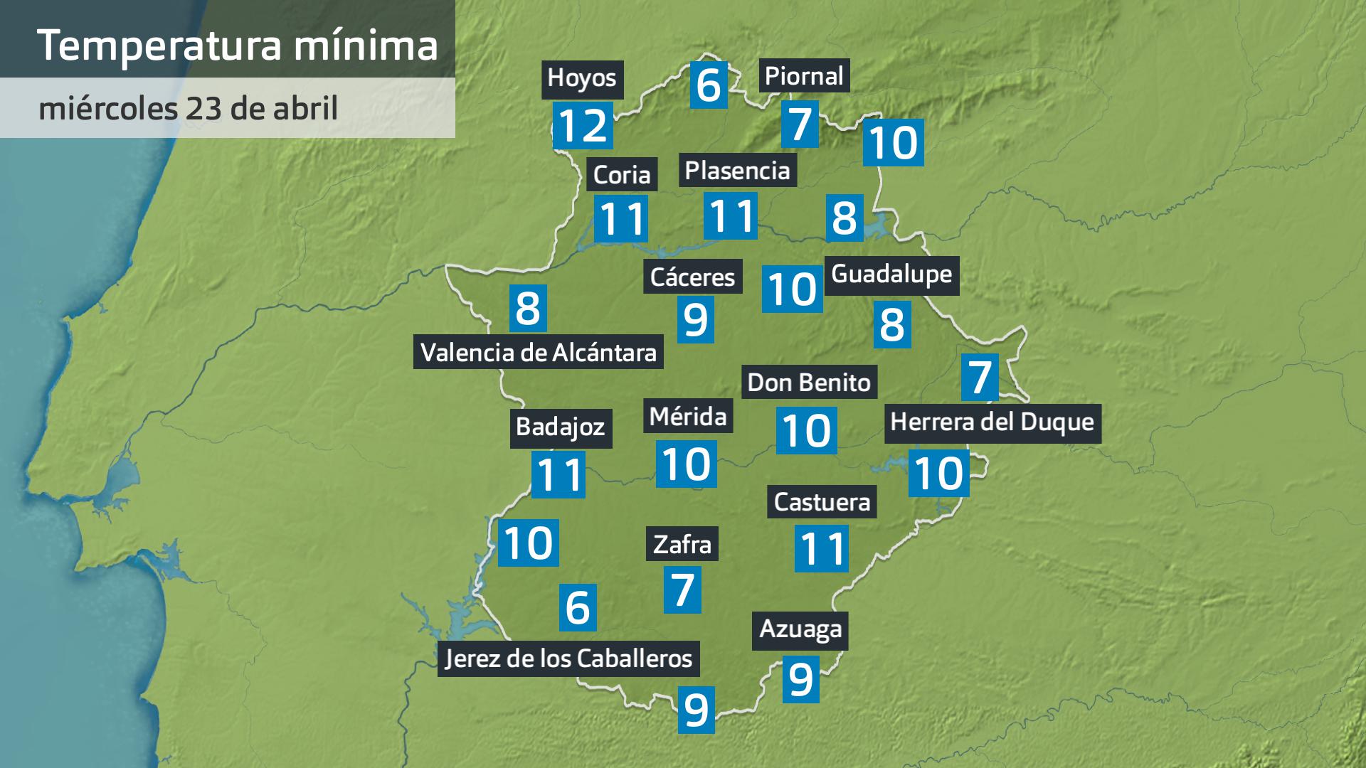 Temperatura mínima miércoles 23 de abril. Datos hasta las 6:30 h. Aemet, Meteoclimatic et al.