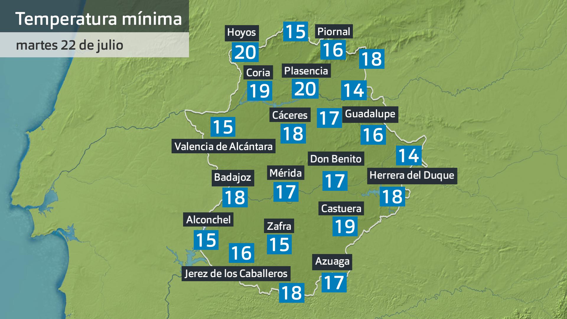 Temperatura mínima martes 22 de julio. Datos hasta las 6:30 h. Aemet, Meteoclimatic et al.