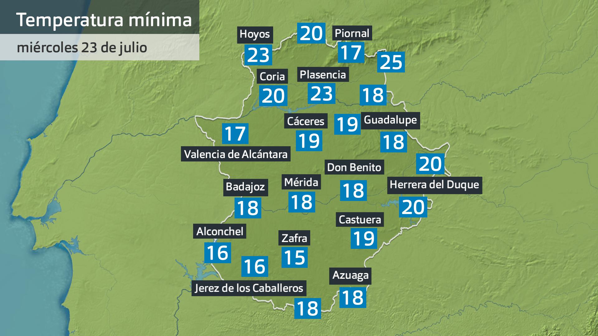 Temperatura mínima miércoles 23 de julio. Datos hasta las 6:30 h. Aemet, Meteoclimatic et al.
