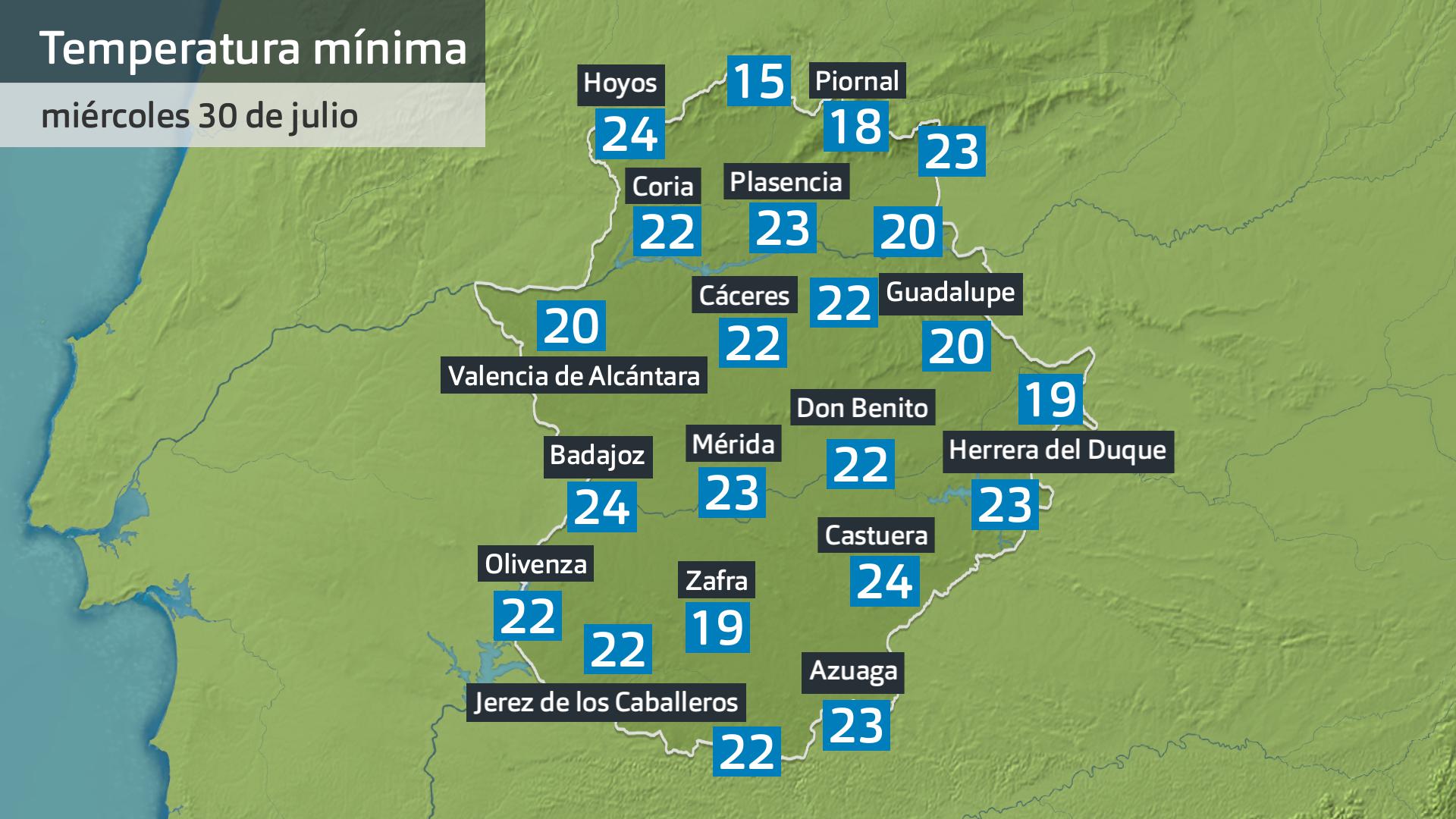 Temperatura mínima miércoles 30 de julio. Datos hasta las 6:30 h. Aemet, Meteoclimatic et al.