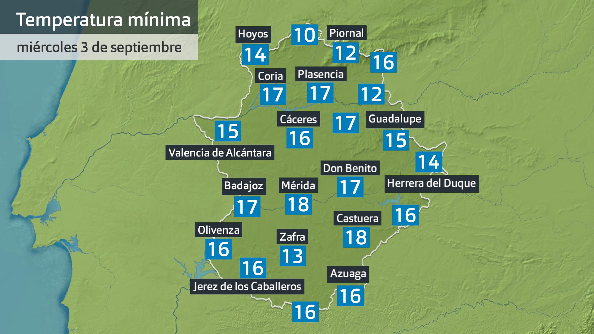 Temperatura mínima miércoles 3 de septiembre. Datos hasta las 6:30 h. Aemet, Meteoclimatic et al.