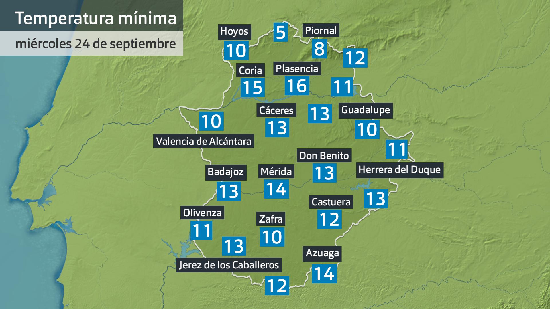 Temperatura mínima miércoles 24 de septiembre. Datos hasta las 6:30 h. Aemet, Meteoclimatic et al.