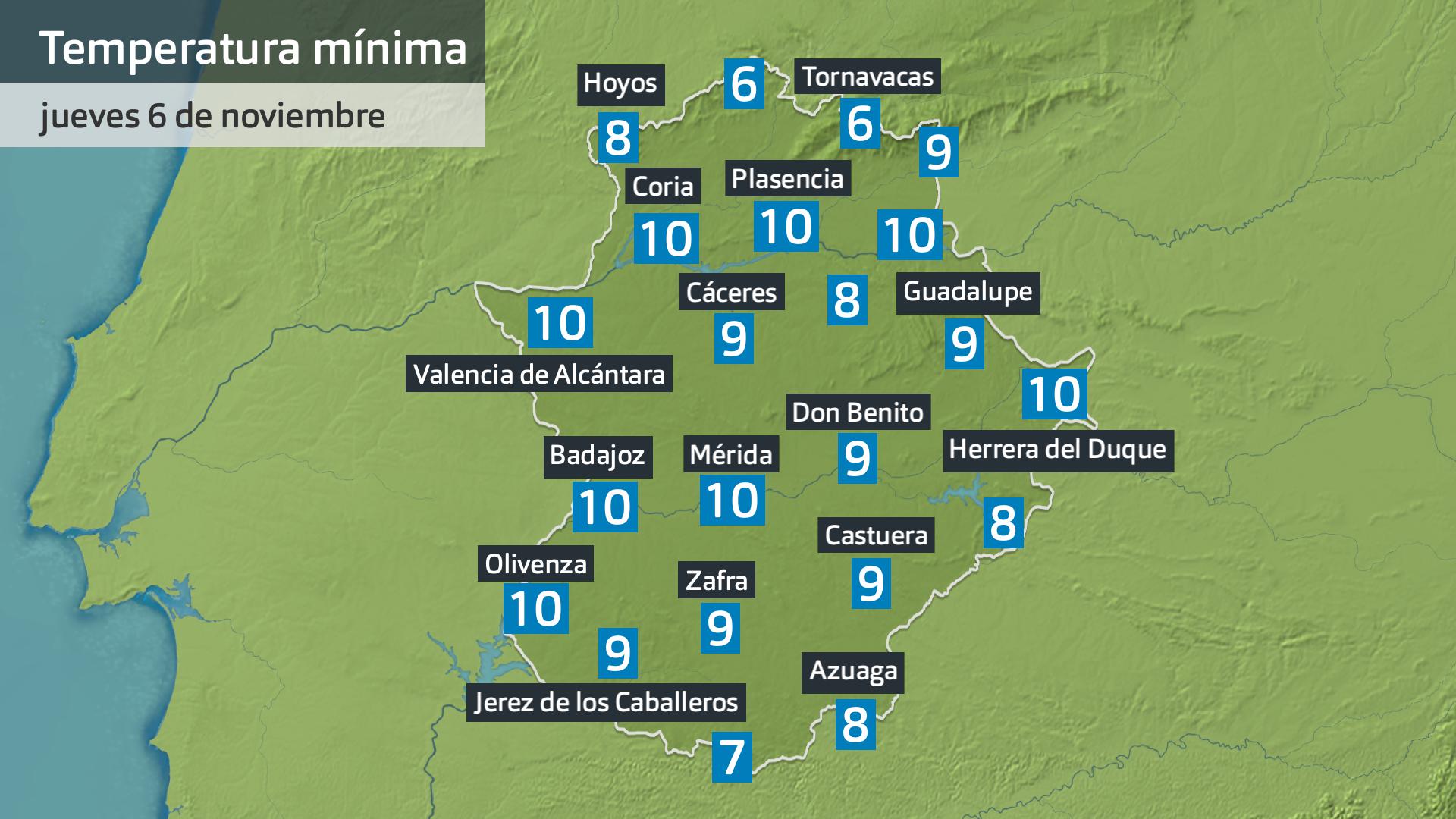 Temperatura mínima jueves 6 de noviembre. Datos hasta las 6:30 h. Aemet, Meteoclimatic et al.