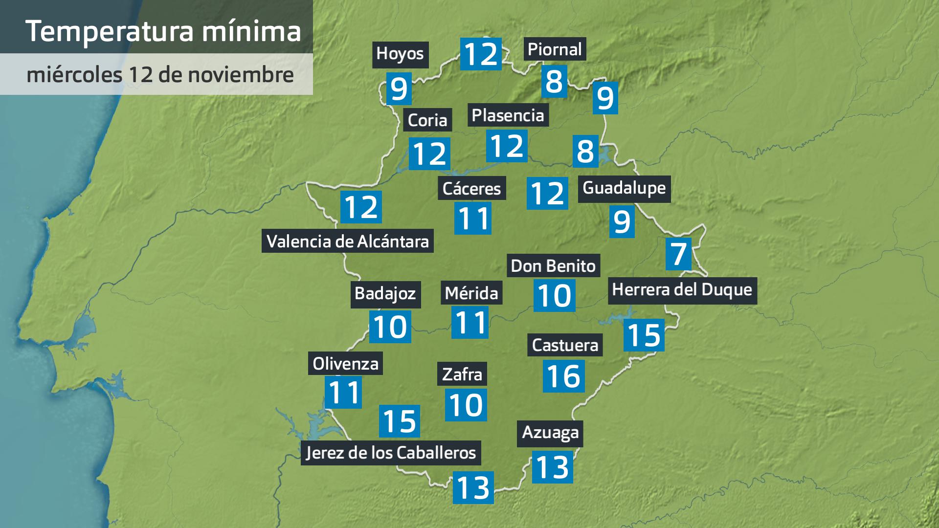 Tempertaura mínima miércoles 12 de noviembre. Datos hasta las 6:30 h. Aemet, Meteoclimatic et al.