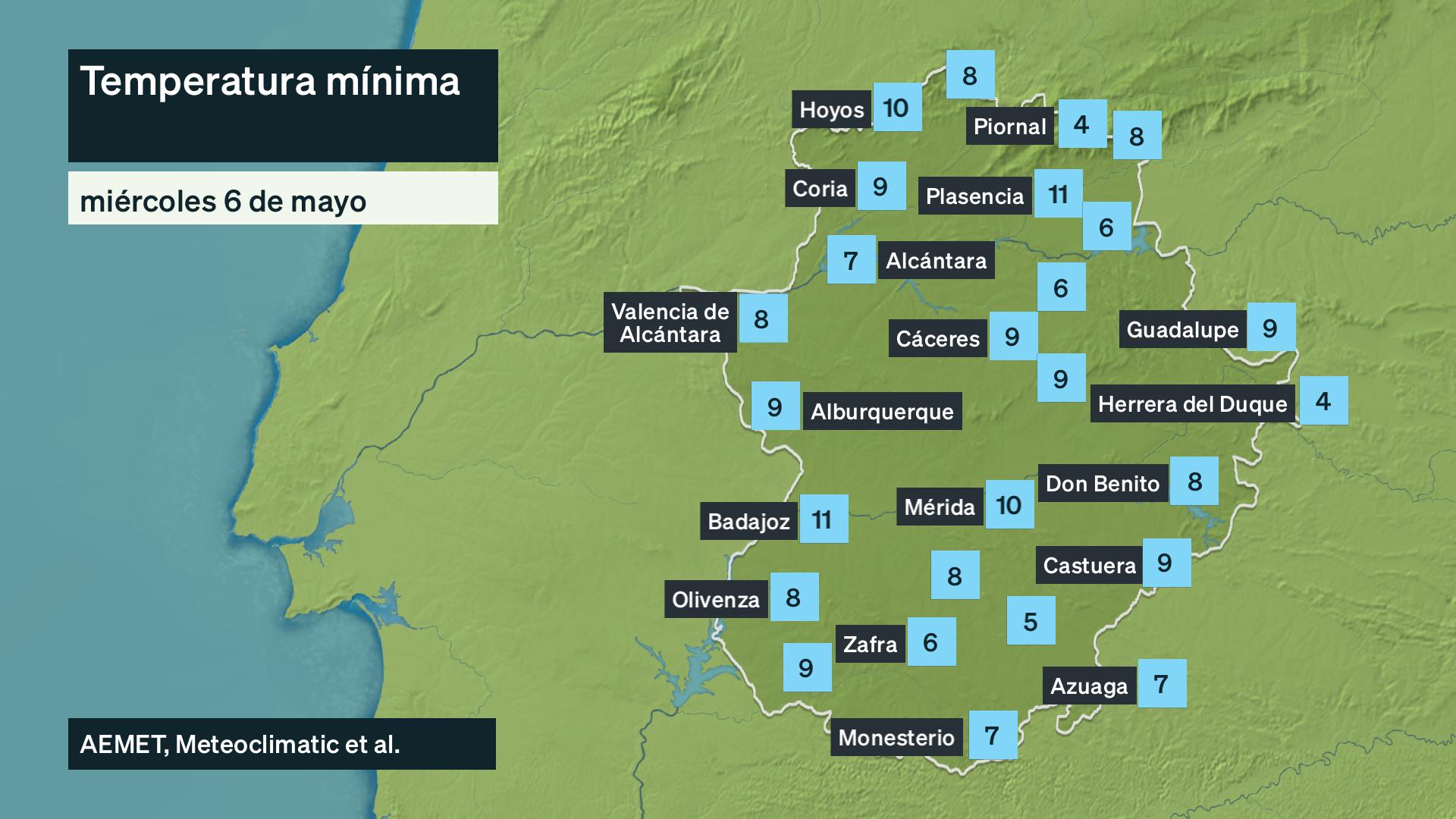 Temperatura mínima miércoles 6 de mayo. Datos hasta las 6:30 h. Aemet, Meteoclimatic et al.