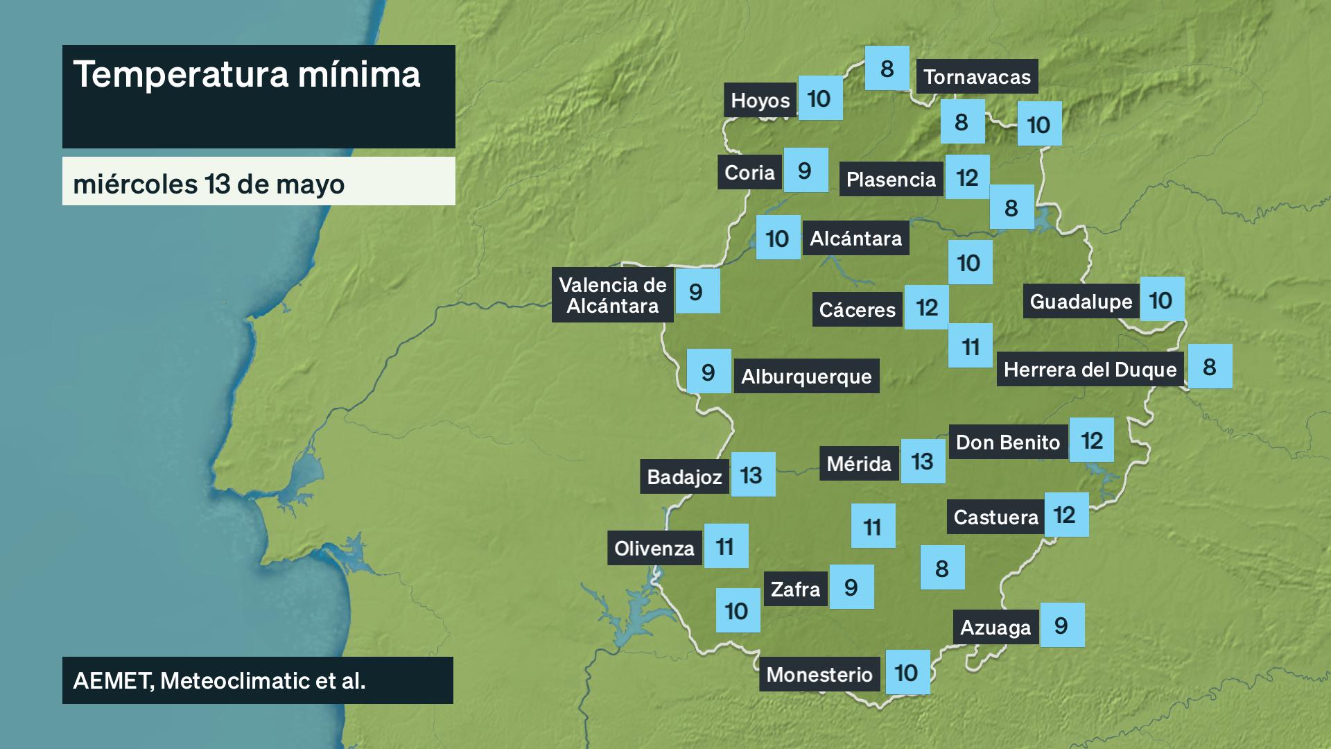 Temperatura mínima jueves 14 de mayo. Datos hasta las 6:30 h. Aemet, Meteoclimatic et al.
