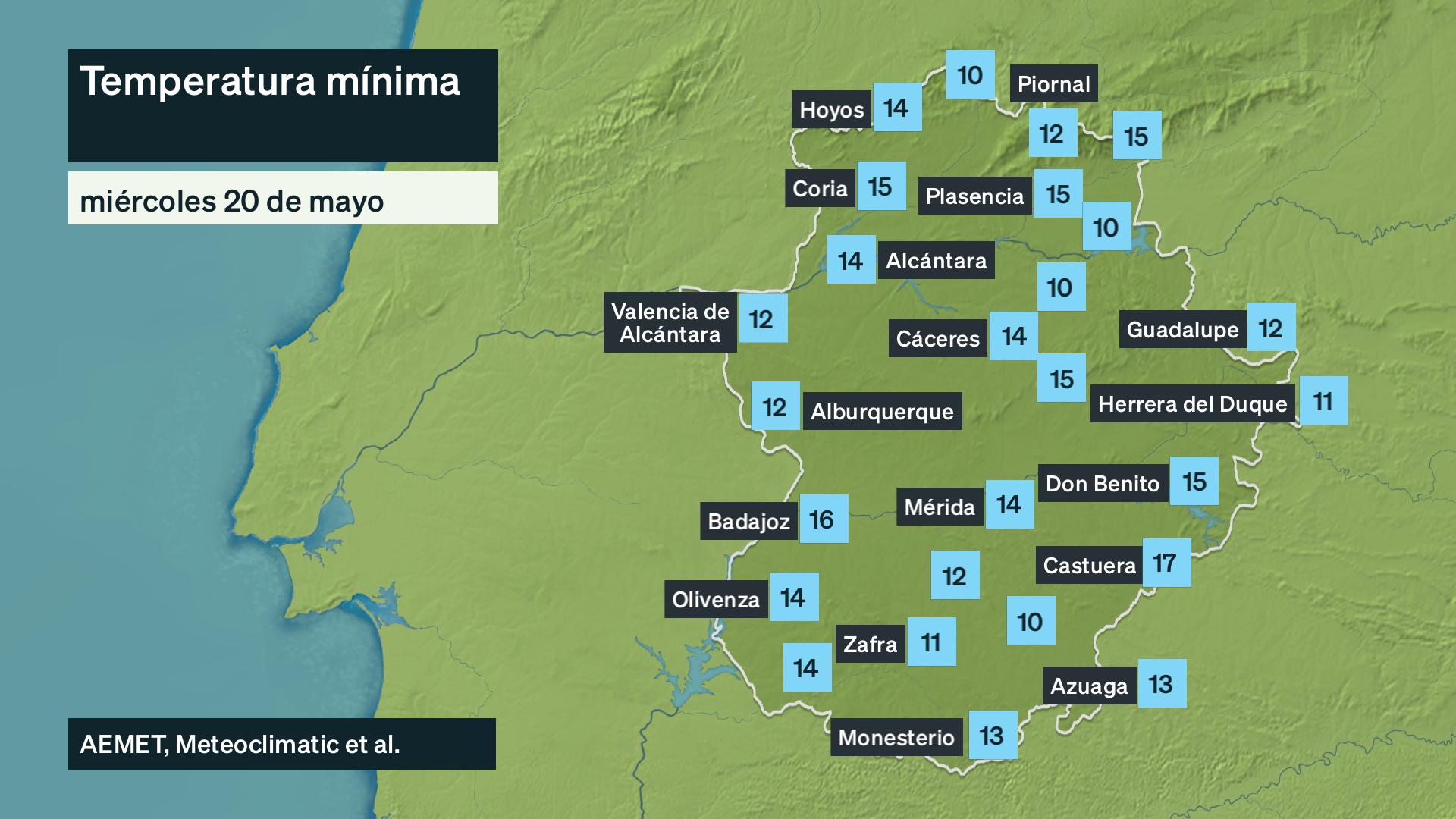 Temperatura mínima miércoles 20 de mayo. Datos hasta las 6:30 h. Aemet, Meteoclimatic et al.