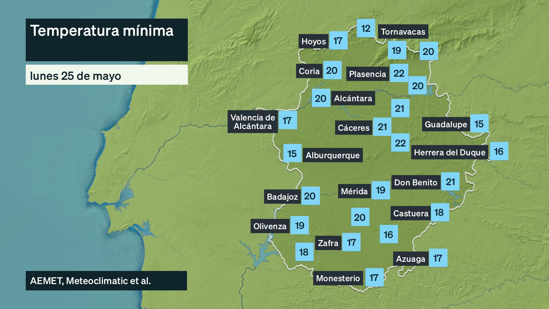 Temperatura mínima lunes 25 de mayo. Datos hasta las 6:30 h. Aemet, Meteoclimatic et al.