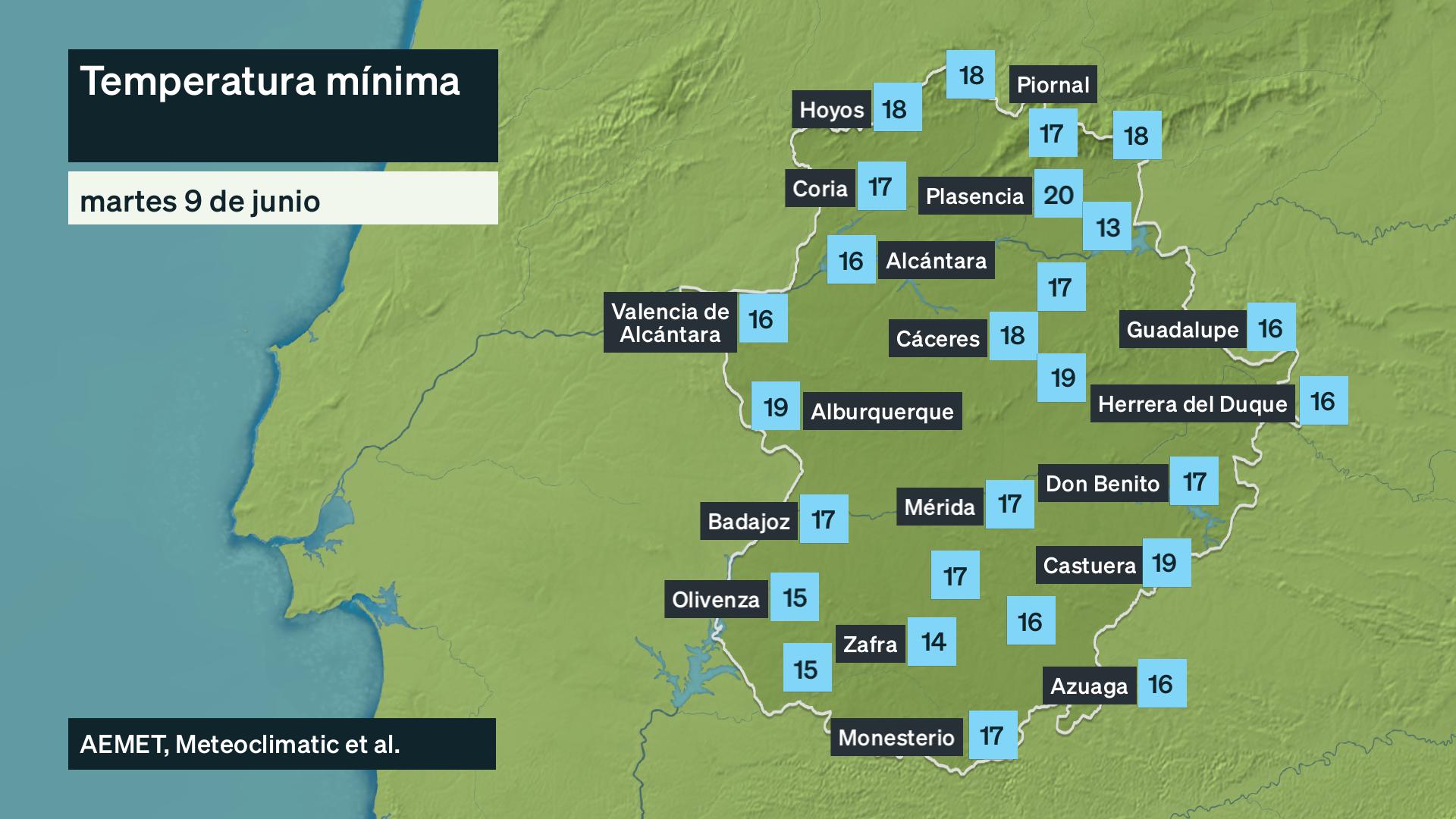 Temperatura mínima martes 9 de junio. Datos hasta las 6:30 h. Aemet, Meteoclimatic et al.