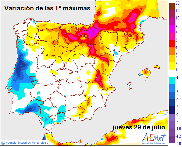 Variación de la temperatura máxima jueves 29 de julio. Fuente: Aemet