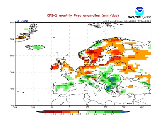Previsión de anomalías de precipitación por la Administración Nacional Oceánica y Atmosférica (NOAA) para el mes de julio de 2020