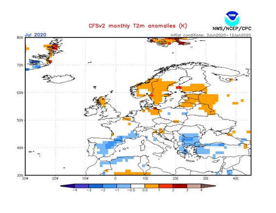 Previsión de anomalías de temperatura por la Administración Nacional Oceánica y Atmosférica (NOAA) para el mes de julio de 2020. Fuente: cpc.ncep.noaa.gov