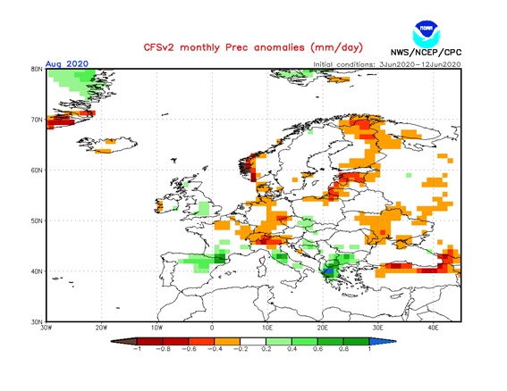 Previsión de anomalías de precipitación por la Administración Nacional Oceánica y Atmosférica (NOAA) para el mes de agosto de 2020. Fuente: cpc.ncep.noaa.gov